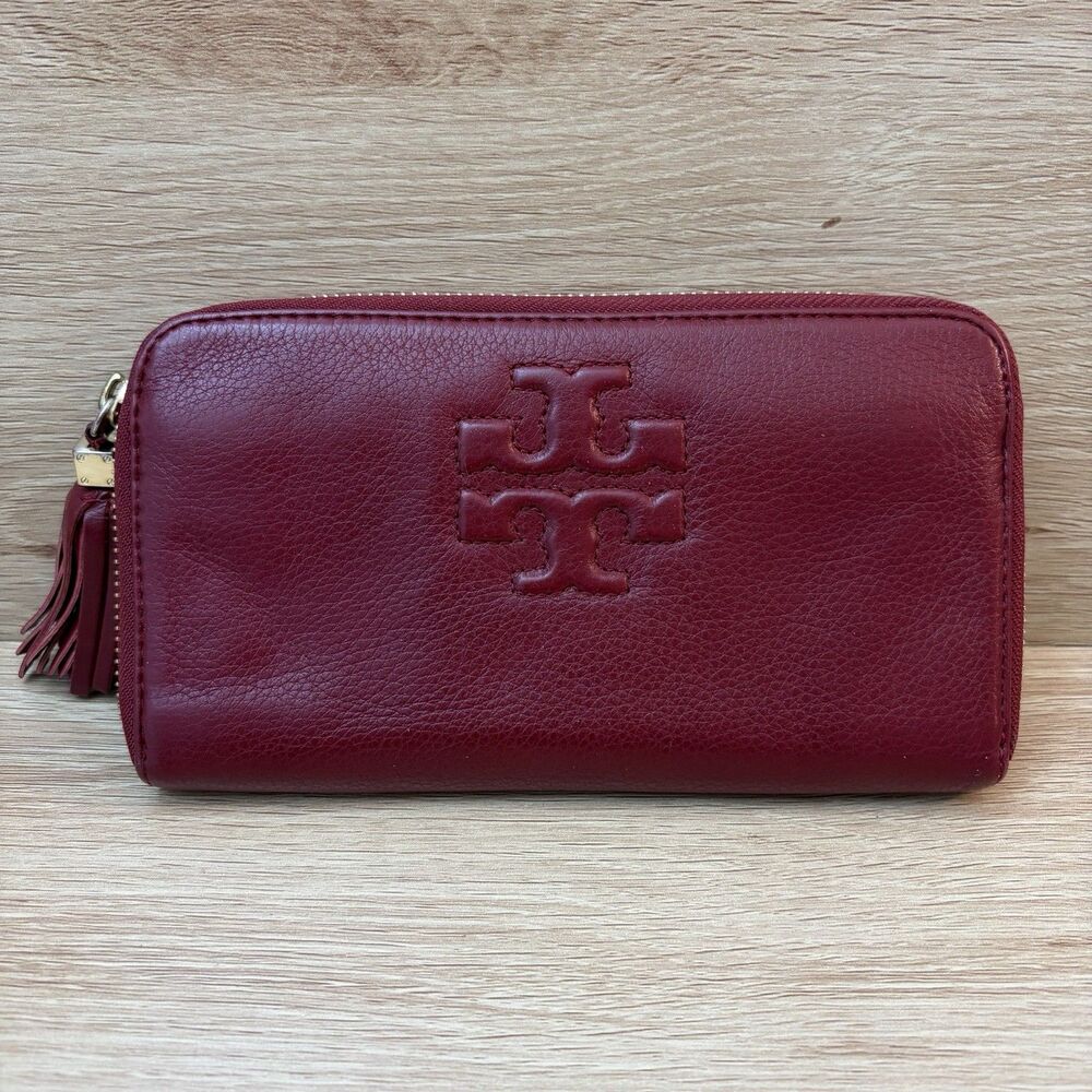 Tory Burch Thea Continental Long Wallet Burgundy Pebbled Genuine Leather 7.5x4"